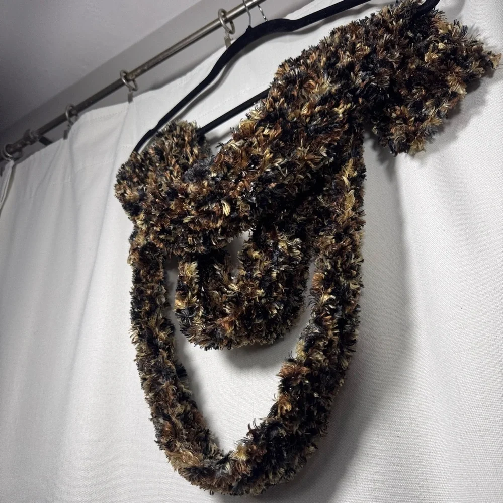 Textured Fuzzy Knit Scarf in Earthy Brown Tones